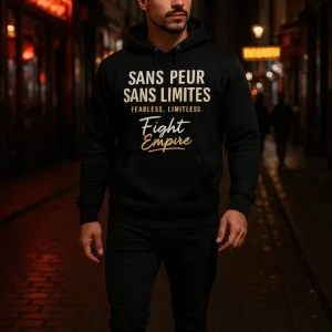 Pull à Capuche Noir – Édition Sans Peur, Sans Limites (Blanc/Orange)